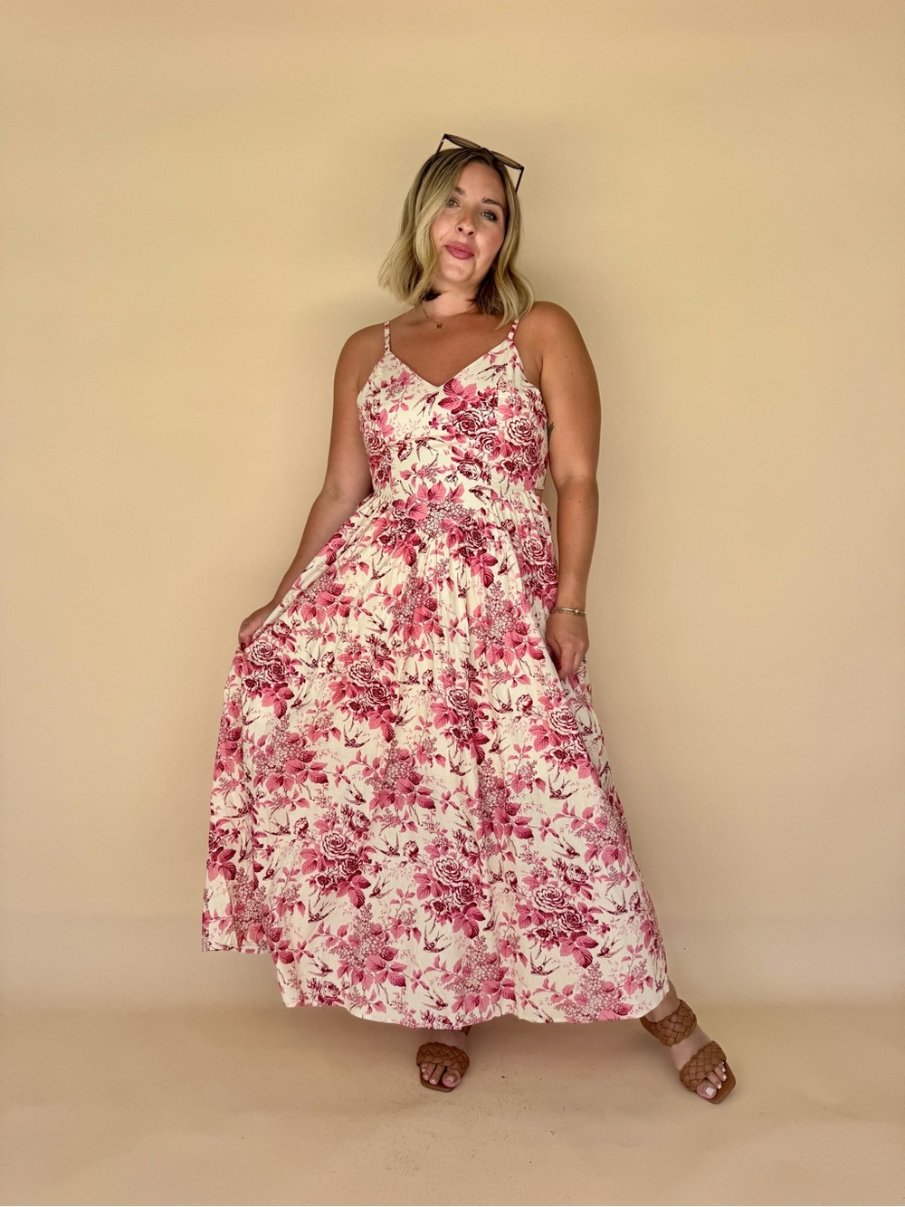Cream Maxi Dress with Pink Floral Print and Spaghetti Straps - Picture 3 of 4